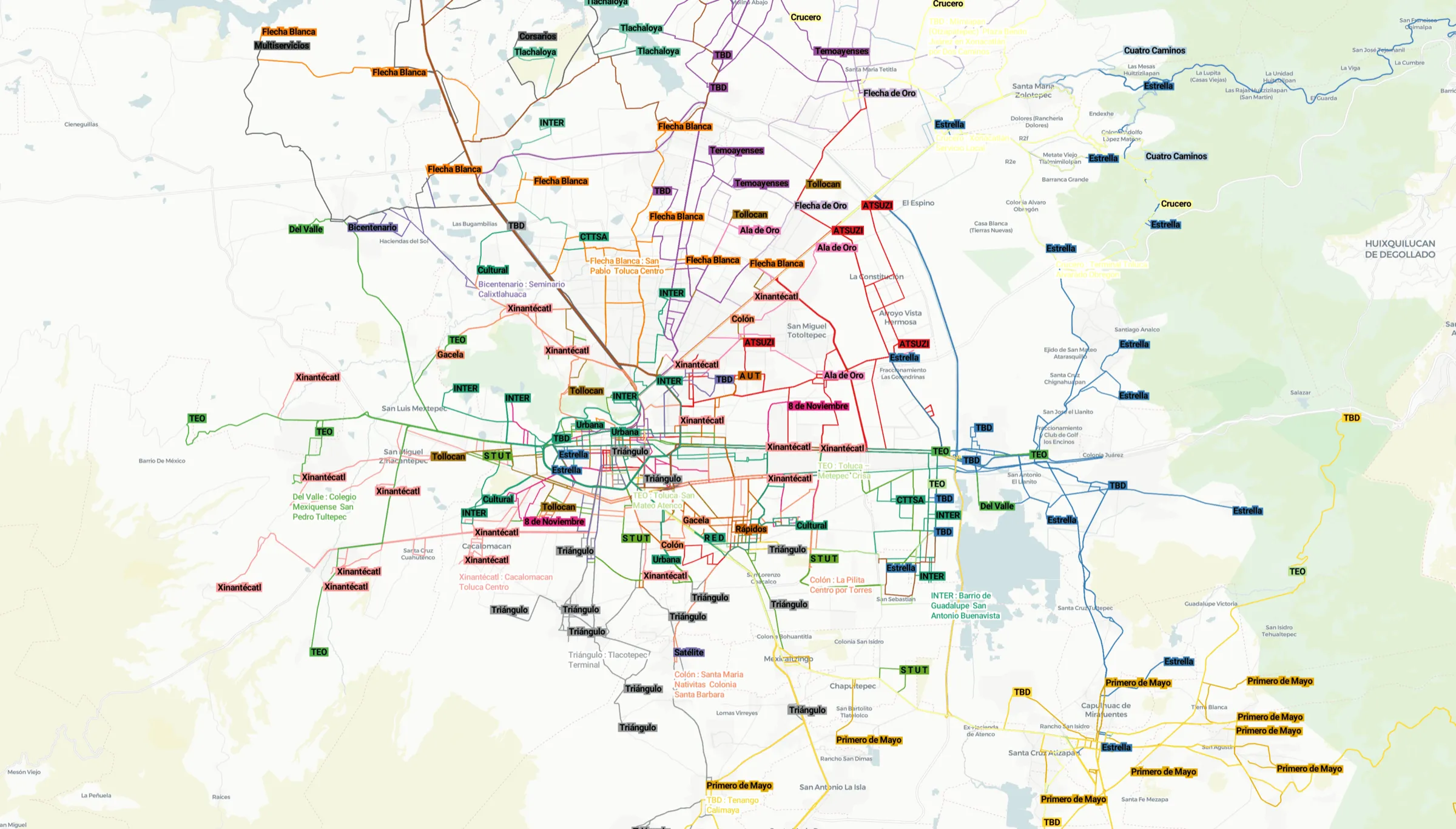 Las más de 600 rutas de Toluca fueron mapeadas en escritorio usando MyMaps de Google.
