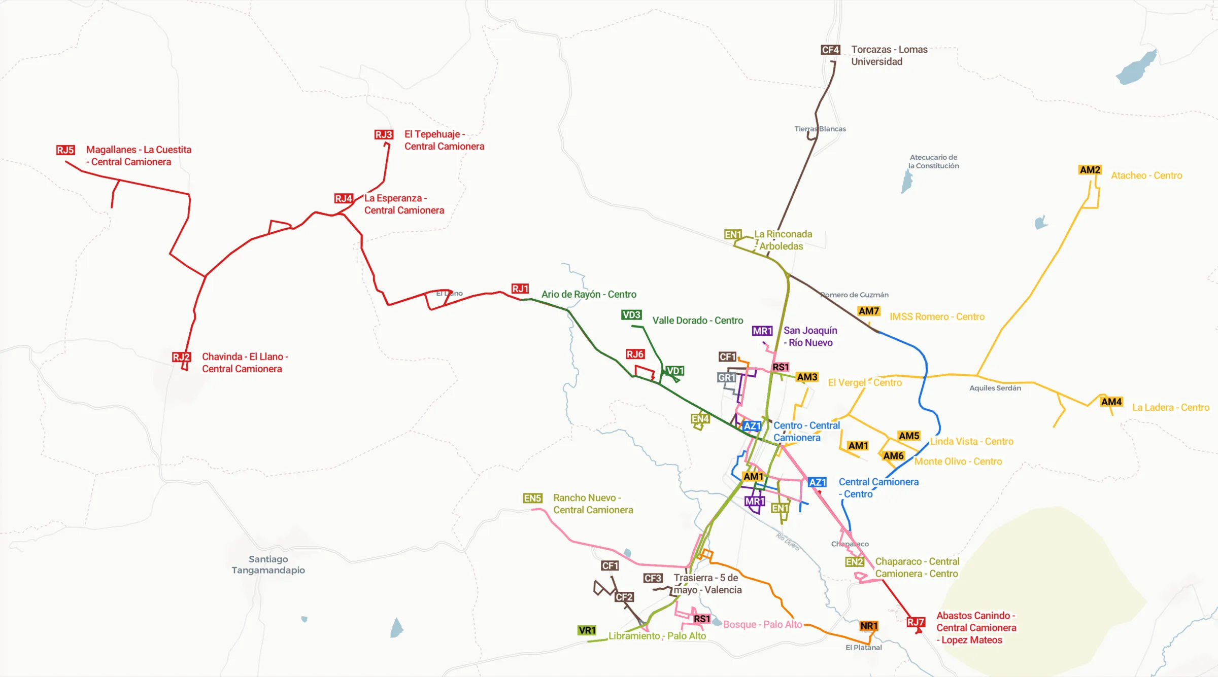 Mapa de transporte público de Zamora, Michoacán