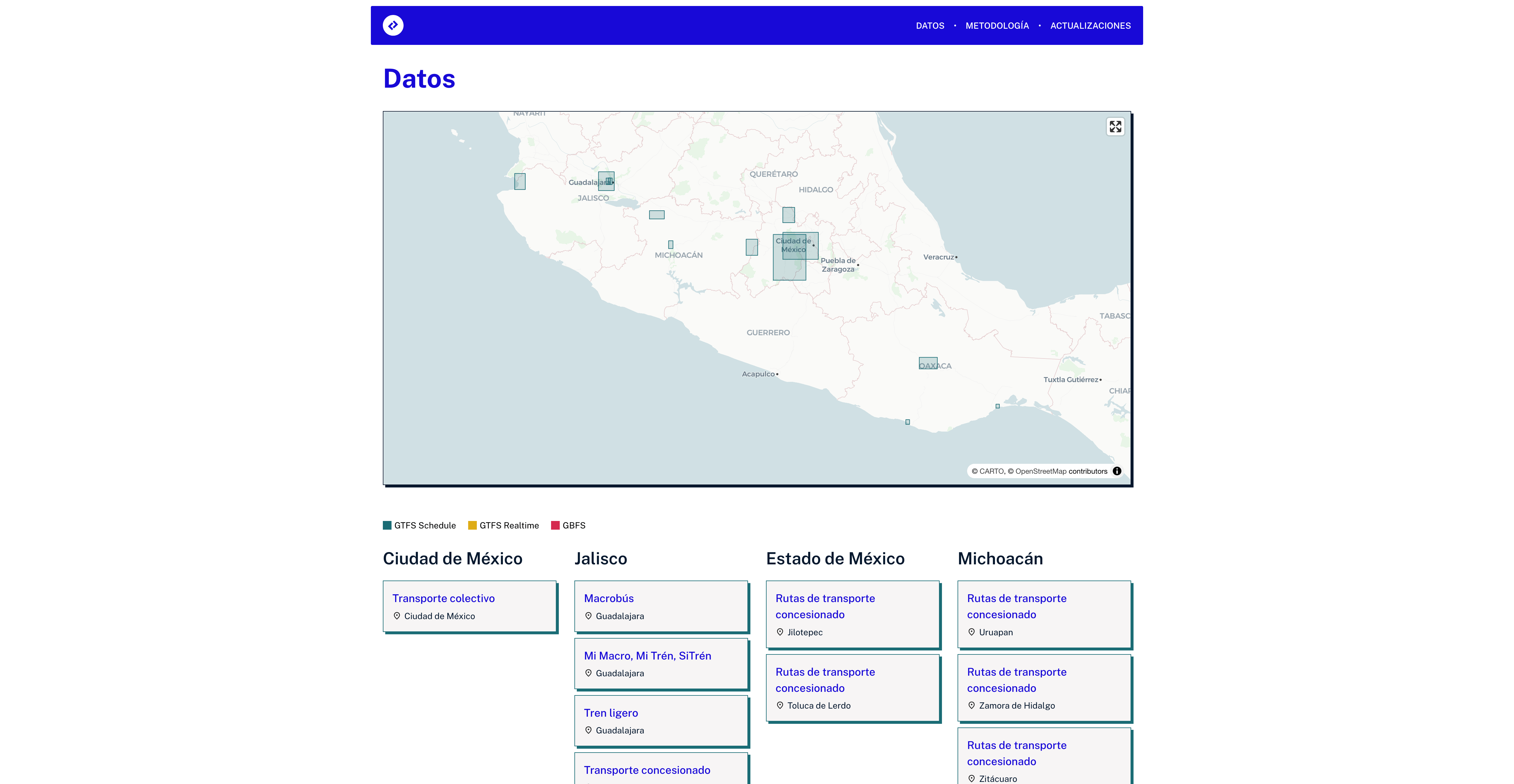 Portal de datos HDTP — catálogo de feeds GTFS de ciudades mexicanas.
