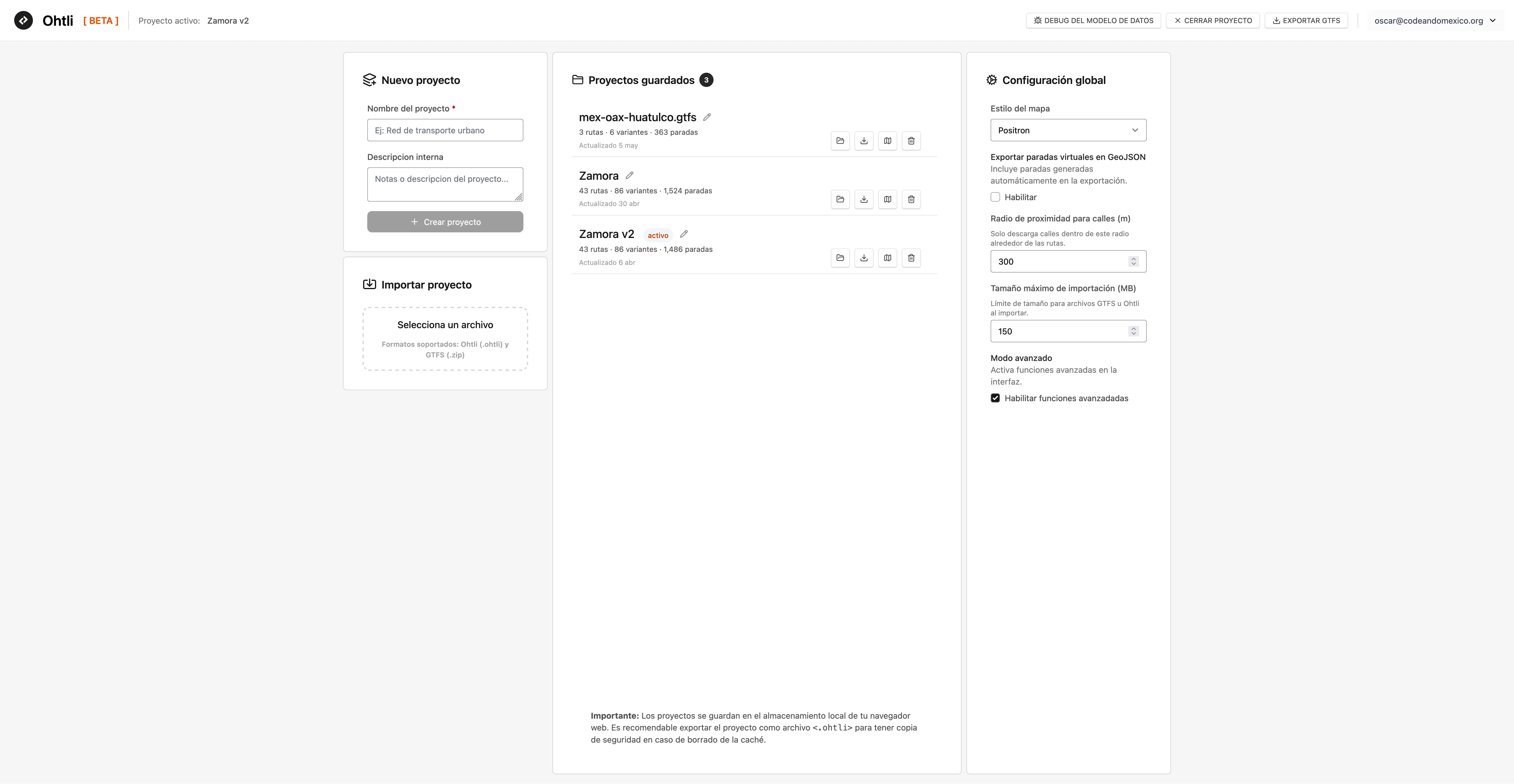 Es posible exportar/importar un proyecto para compartirlo.