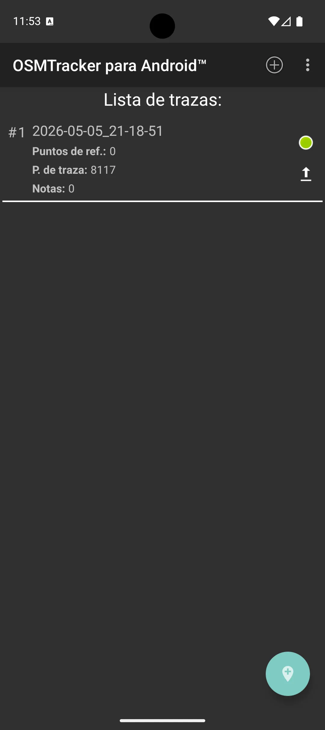 Una traza que se ha subido a OpenSteetMap queda marcada con un icono de flecha hacia arriba.