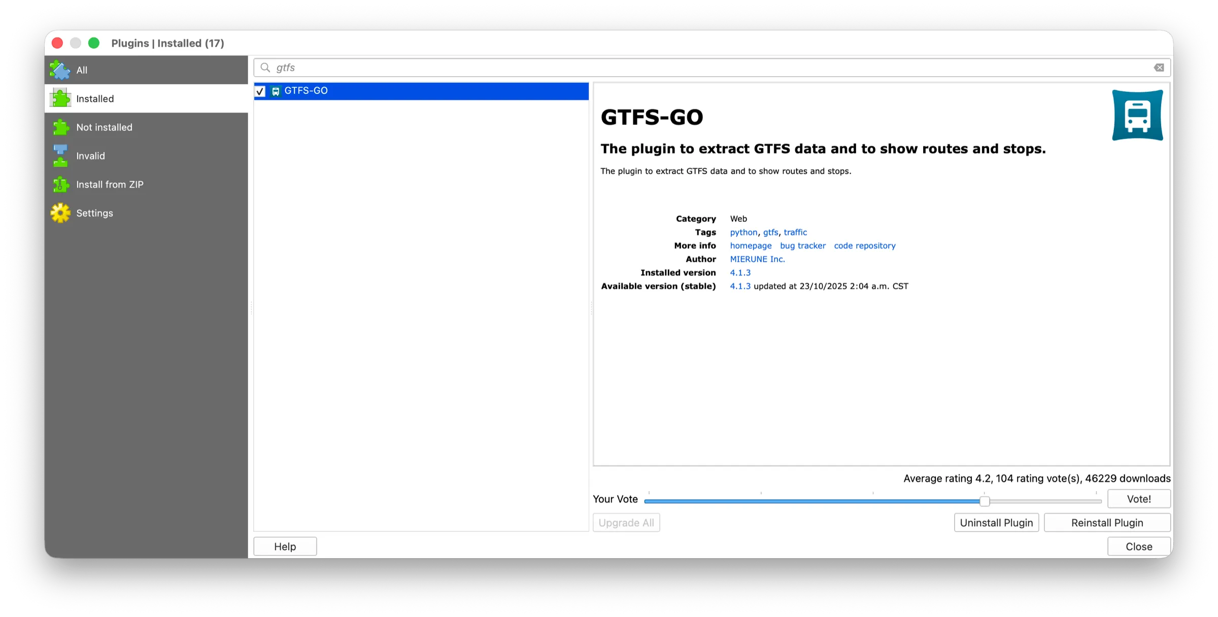Plugin GTFS Go en el administrador de complementos de QGIS.