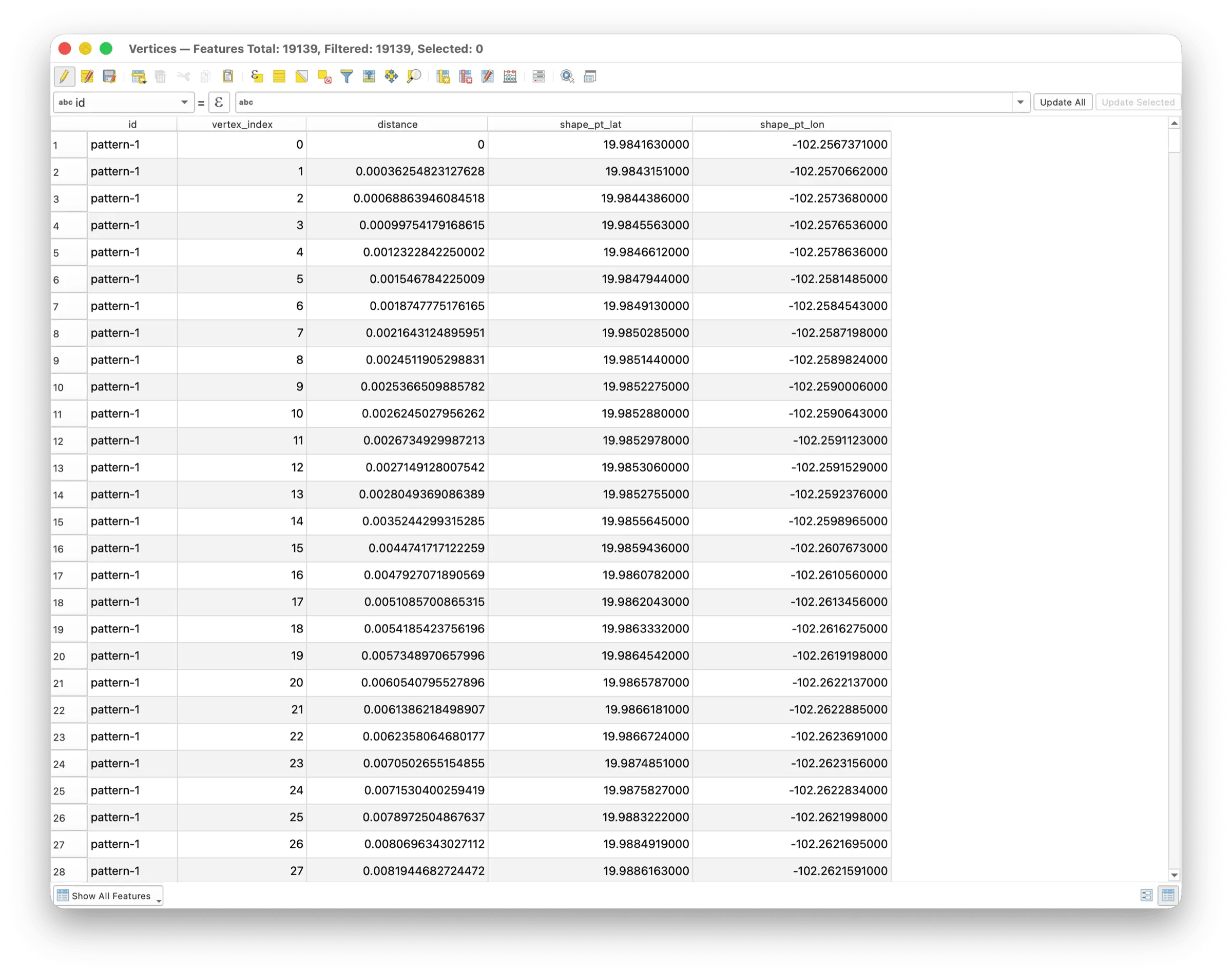 Extraer vértices de las líneas de recorrido en QGIS. Cada vértice se convierte en una fila del archivo shapes.txt.