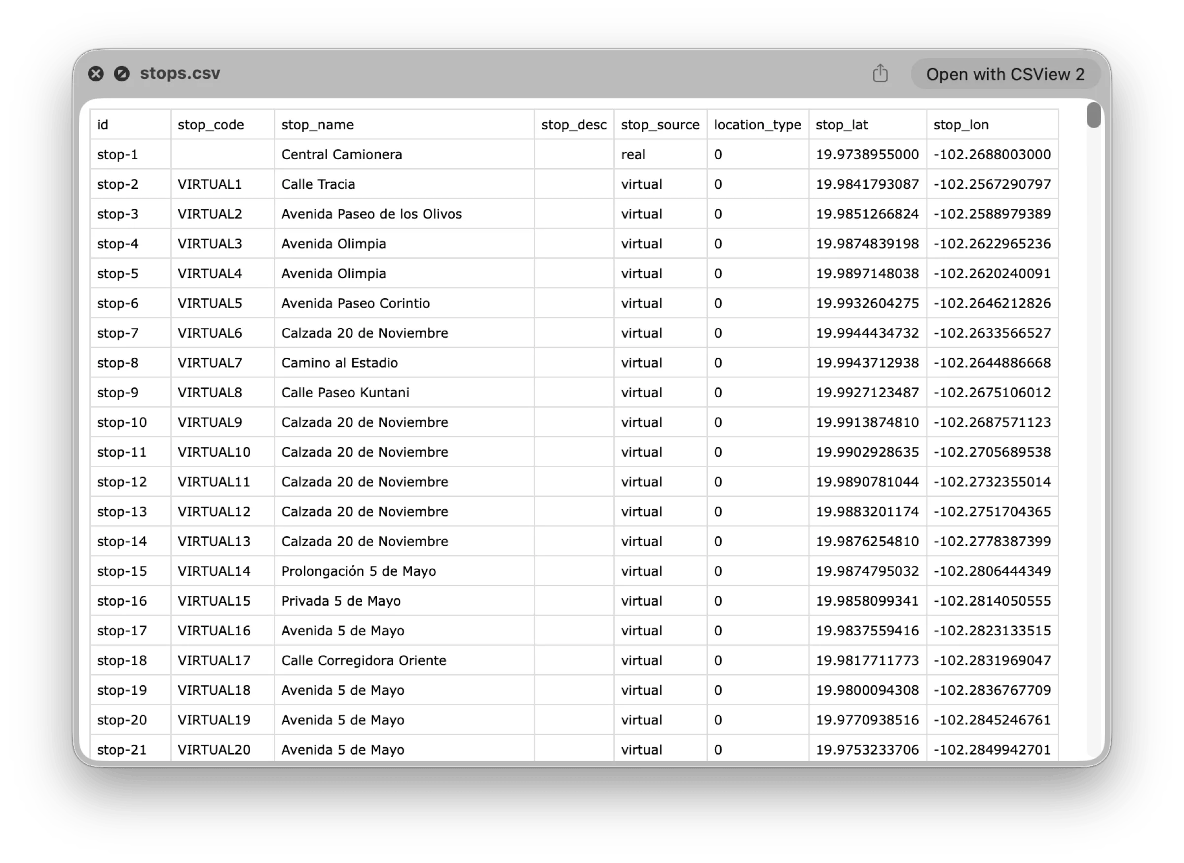 Exportar la capa de paradas como CSV desde QGIS. El sistema de coordenadas debe ser WGS 84.