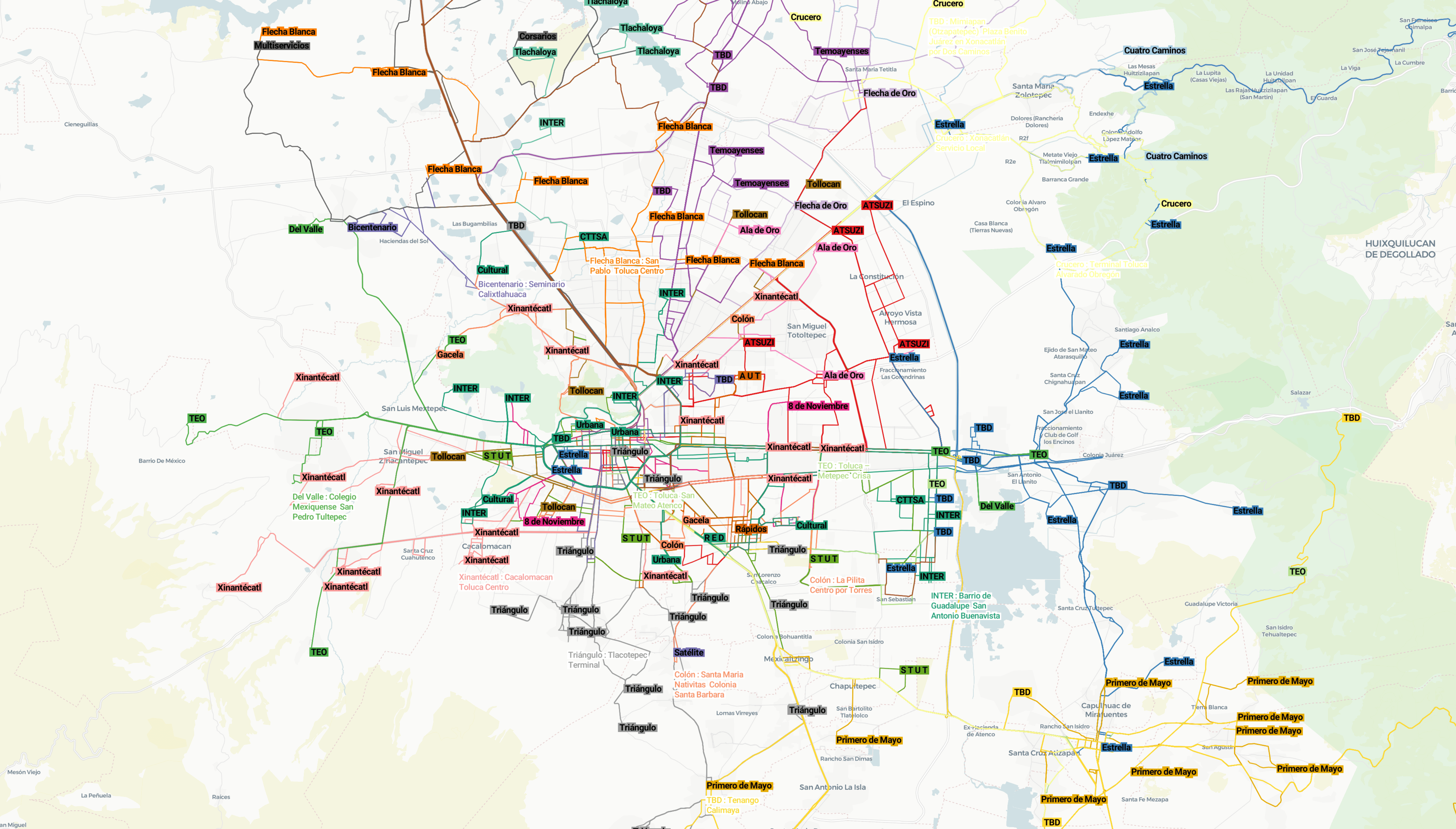 Las más de 600 rutas de Toluca fueron mapeadas en escritorio usando MyMaps de Google.