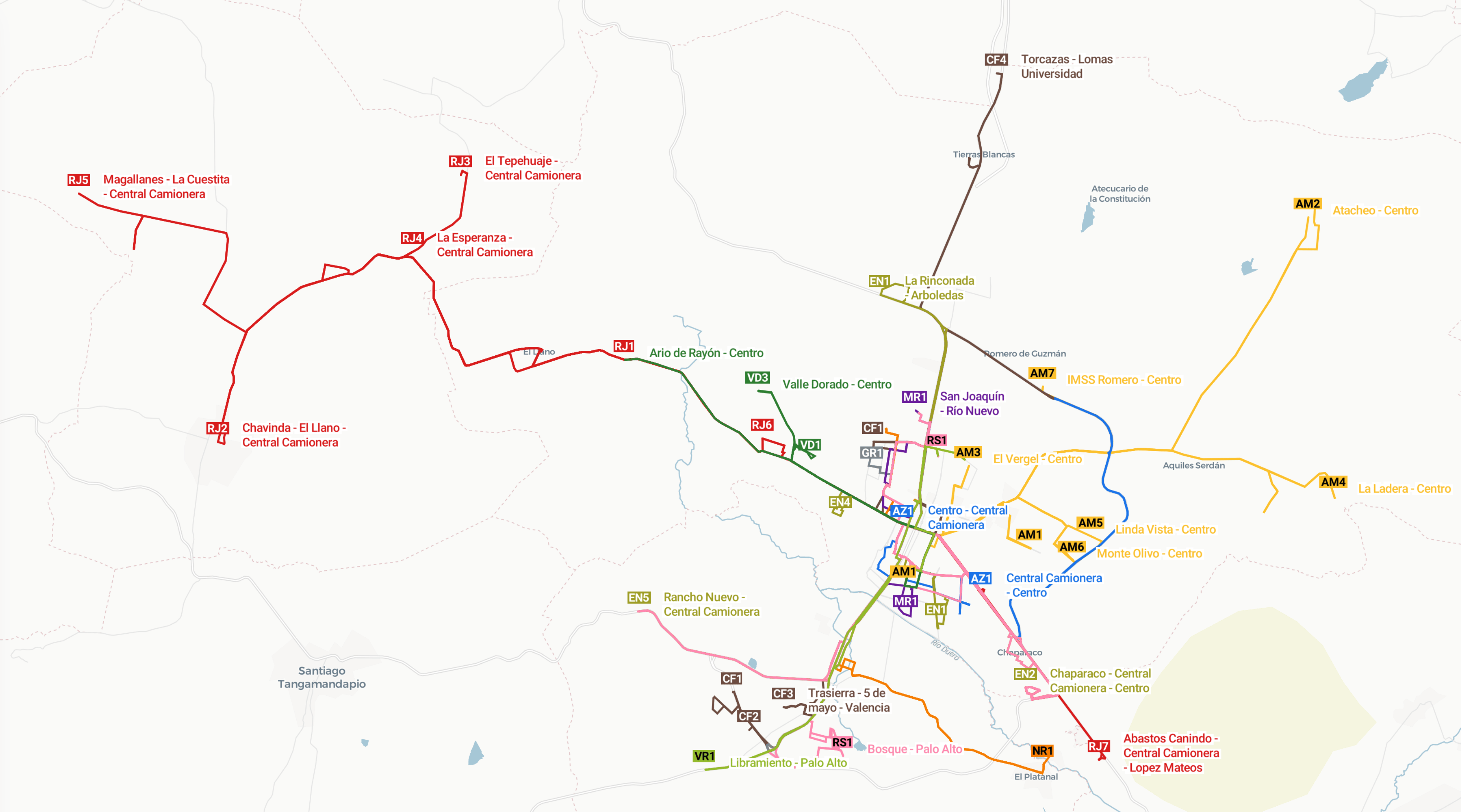 Mapa de transporte público de Zamora, Michoacán