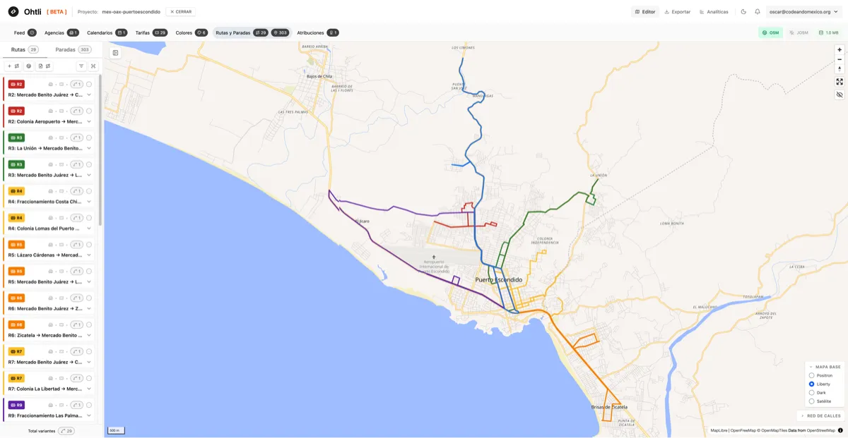 GTFS Puerto Escondido en la herramienta Ohtli